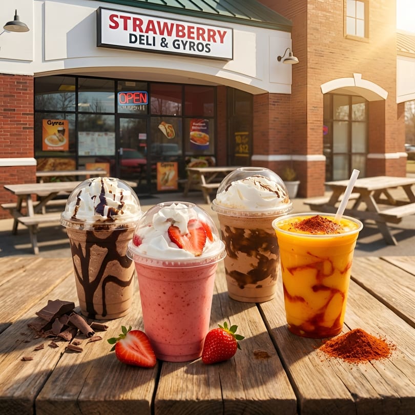 Four colorful drinks, including chocolate, strawberry, and mango, on a wooden table outside Strawberry Deli & Gyros.