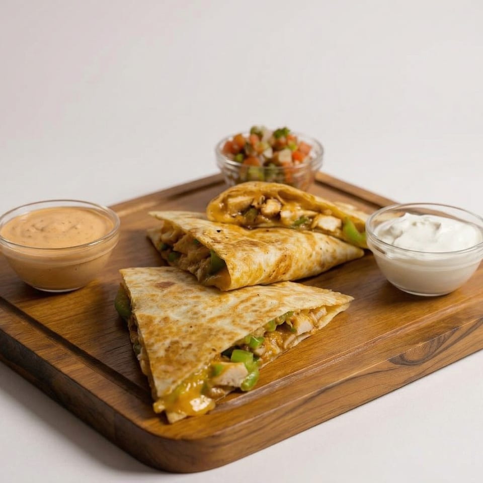 Chicken quesadillas with melted cheese and green peppers, served with salsa, sour cream, and a spicy sauce.