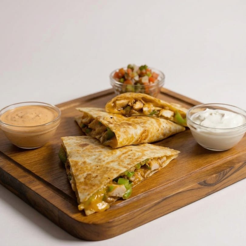 Chicken quesadillas with melted cheese and green peppers, served with salsa, sour cream, and a spicy sauce.